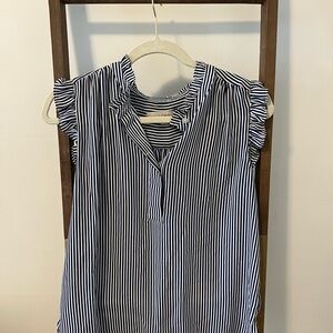 LOFT Blue and White Ruffled Cap Sleeve Blouse